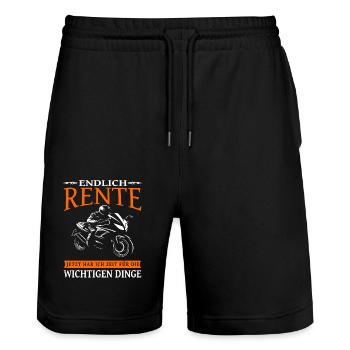 Endlich Rente Motorrad Biker Opa - Motorradfahrer - Stanley/Stella Unisex Bio Joggingshorts Trainer  - Schwarz - Vorne - Nik (191cm) & Marisol (170cm)