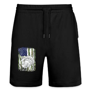 Camo US America Flag Turkey Day Hunting Thanks - Stanley/Stella Trainer Unisex Organic Jogging Shorts - black - Front - Nik (191cm) & Marisol (170cm)