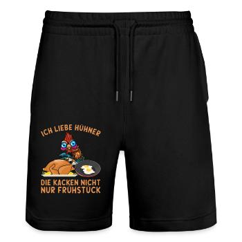 Ich liebe Hühner die kacken nicht nur Frühstück - Stanley/Stella Unisex Bio Joggingshorts Trainer  - Schwarz - Vorne - Nik (191cm) & Marisol (170cm)
