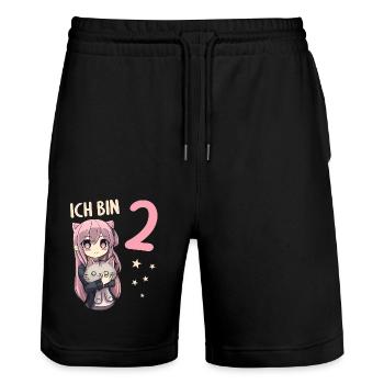 2 Jahre Mädchen Anime Kawaii Katze 2. Geburtstag - Stanley/Stella Unisex Bio Joggingshorts Trainer  - Schwarz - Vorne - Nik (191cm) & Marisol (170cm)