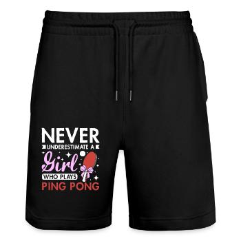 Ne sous-estimez jamais une fille qui joue au ping-pong - Short de jogging bio TRAINER Stanley/Stella unisexe - noir - Devant - Nik (191cm) & Marisol (170cm)