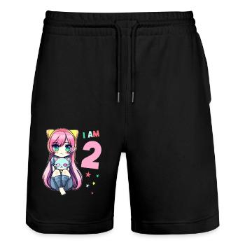 2 Jahre Mädchen Anime Kawaii Katze 2. Geburtstag - Stanley/Stella Unisex Bio Joggingshorts Trainer  - Schwarz - Vorne - Nik (191cm) & Marisol (170cm)