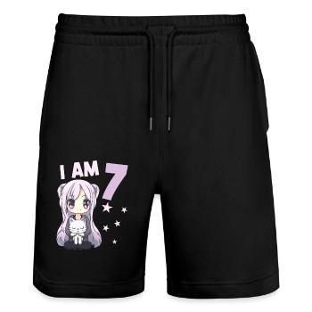 7 Year Old Girl Anime Kawaii Cat 7th Birthday - Stanley/Stella Trainer Unisex Organic Jogging Shorts - black - Front - Nik (191cm) & Marisol (170cm)