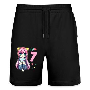 7 Year Old Girl Anime Kawaii Cat 7th Birthday - Stanley/Stella Trainer Unisex Organic Jogging Shorts - black - Front - Nik (191cm) & Marisol (170cm)