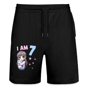 7 Year Old Girl Anime Kawaii Cat 7th Birthday - Stanley/Stella Trainer Unisex Organic Jogging Shorts - black - Front - Nik (191cm) & Marisol (170cm)