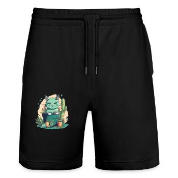 Green cat in flower pot with cactus and pumpkin - Stanley/Stella Trainer Unisex Organic Jogging Shorts - black - Front - Nik (191cm) & Marisol (170cm)