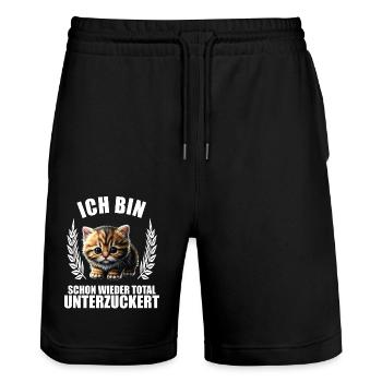 Ich bin schon wieder total unterzuckert Katze - Stanley/Stella Unisex Bio Joggingshorts Trainer  - Schwarz - Vorne - Nik (191cm) & Marisol (170cm)