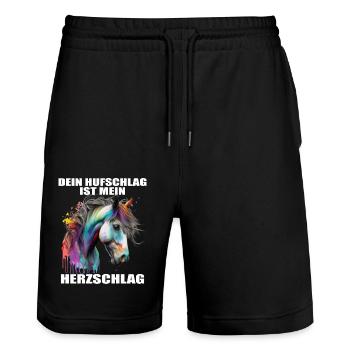 Pferde Herzschlag Reiten Hufe Hufeisen Herz Pony - Stanley/Stella Unisex Bio Joggingshorts Trainer  - Schwarz - Vorne - Nik (191cm) & Marisol (170cm)