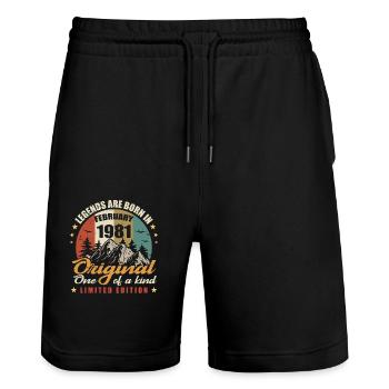 Originelle Legenden werden im Februar 1981 🎉 geboren - Stanley/Stella Unisex Bio Joggingshorts Trainer  - Schwarz - Vorne - Nik (191cm) & Marisol (170cm)