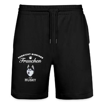 Vorsicht - Bissiges Frauchen - Husky - Stanley/Stella Unisex Bio Joggingshorts Trainer  - Schwarz - Vorne - Nik (191cm) & Marisol (170cm)