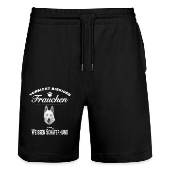 Vorsicht - Bissiges Frauchen - Weißer Schäferhund - Stanley/Stella Unisex Bio Joggingshorts Trainer  - Schwarz - Vorne - Nik (191cm) & Marisol (170cm)