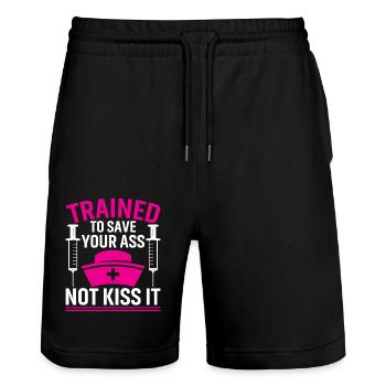 Trained to save your ass - Nursing - Stanley/Stella Trainer Unisex Organic Jogging Shorts - black - Front - Nik (191cm) & Marisol (170cm)