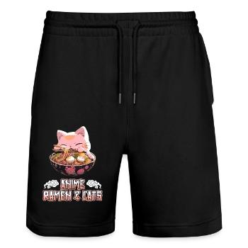 Anime Manga Kawaii Cat Eats Ramen Noodles - Short de jogging bio TRAINER Stanley/Stella unisexe - noir - Devant - Nik (191cm) & Marisol (170cm)