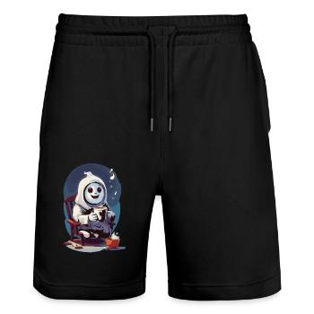 Cute little ghost drinking coffee - Stanley/Stella Trainer Unisex Organic Jogging Shorts - black - Front - Nik (191cm) & Marisol (170cm)