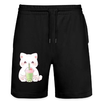Boba and Cats Katze die Bubble Tee trinkt Anime - Stanley/Stella Unisex Bio Joggingshorts Trainer  - Schwarz - Vorne - Nik (191cm) & Marisol (170cm)
