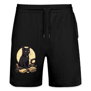 Schwarze Katze mit Bücher Bombay Cat Buch Katzen - Stanley/Stella Unisex Bio Joggingshorts Trainer  - Schwarz - Vorne - Nik (191cm) & Marisol (170cm)
