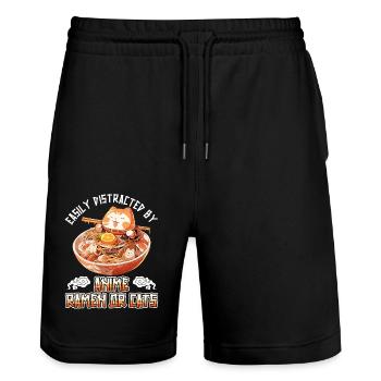 Easily distracted by Anime Ramen or Cats - Stanley/Stella Unisex Bio Joggingshorts Trainer  - Schwarz - Vorne - Nik (191cm) & Marisol (170cm)