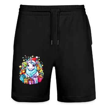 Regenbogen Weihnachten Einhorn - Buntes Einhorn Chris - Stanley/Stella Unisex Bio Joggingshorts Trainer  - Schwarz - Vorne - Nik (191cm) & Marisol (170cm)