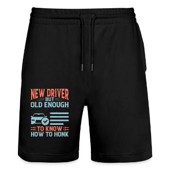 Driving License Passed New Driver Permit Driving S - Stanley/Stella Trainer Unisex Organic Jogging Shorts - black - Front - Nik (191cm) & Marisol (170cm)