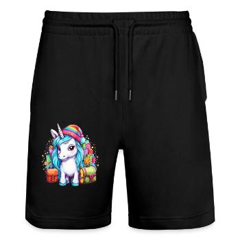 Coole Einhorn-Weihnachten mit Weihnachtsmütze und Regenbogen - Stanley/Stella Unisex Bio Joggingshorts Trainer  - Schwarz - Vorne - Nik (191cm) & Marisol (170cm)