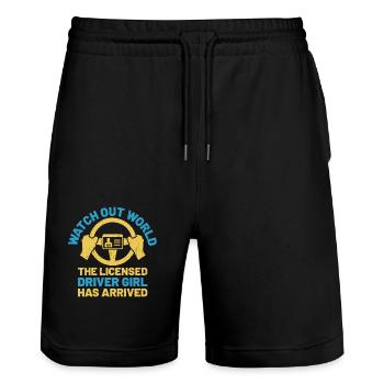 Driving License Passed New Driver Permit Driving S - Stanley/Stella Trainer Unisex Organic Jogging Shorts - black - Front - Nik (191cm) & Marisol (170cm)