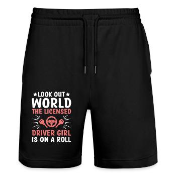 Driving License Passed New Driver Permit Driving S - Stanley/Stella Trainer Unisex Organic Jogging Shorts - black - Front - Nik (191cm) & Marisol (170cm)