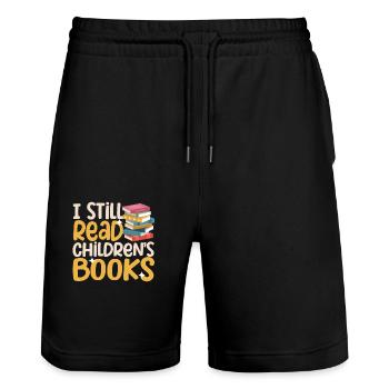 I still read children's books Funny book - Stanley/Stella Trainer Unisex Organic Jogging Shorts - black - Front - Nik (191cm) & Marisol (170cm)