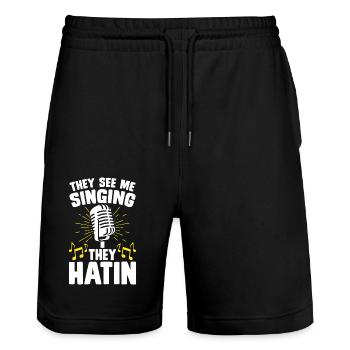 Singen Sänger Karaoke - Stanley/Stella Unisex Bio Joggingshorts Trainer  - Schwarz - Vorne - Nik (191cm) & Marisol (170cm)