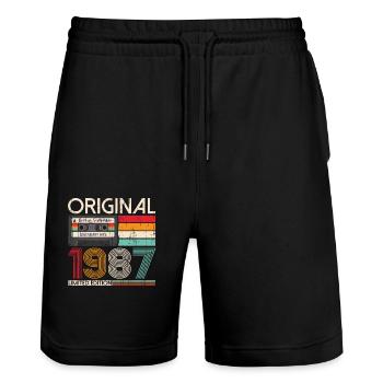 36. Geburtstag September Jahrgang 1987 Kassette - Stanley/Stella Unisex Bio Joggingshorts Trainer  - Schwarz - Vorne - Nik (191cm) & Marisol (170cm)