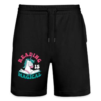 Reading is magical book lover unicorn teacher - Stanley/Stella Trainer Unisex Organic Jogging Shorts - black - Front - Nik (191cm) & Marisol (170cm)