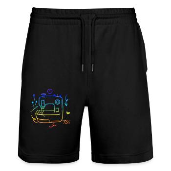 Bunte Nähmaschine Quilter Näherin Quilten Näherin - Stanley/Stella Unisex Bio Joggingshorts Trainer  - Schwarz - Vorne - Nik (191cm) & Marisol (170cm)