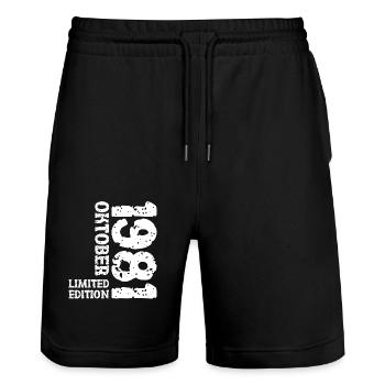 1981 Oktober Limited Edition 42. Geburtstag Deko - Stanley/Stella Unisex Bio Joggingshorts Trainer  - Schwarz - Vorne - Nik (191cm) & Marisol (170cm)