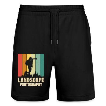 Photographer - Stanley/Stella Trainer Unisex Organic Jogging Shorts - black - Front - Nik (191cm) & Marisol (170cm)