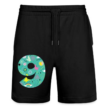 Personalized Birthday 9 Number - Stanley/Stella Trainer Unisex Organic Jogging Shorts - black - Front - Nik (191cm) & Marisol (170cm)