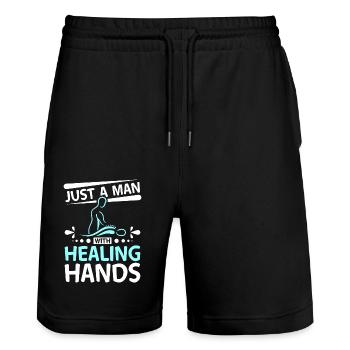 Just a man with healing hands Massage therapist - Stanley/Stella Trainer Unisex Organic Jogging Shorts - black - Front - Nik (191cm) & Marisol (170cm)