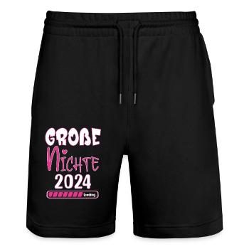 Grosse Nichte 2024 loading Ankündigung Geburt - Stanley/Stella Unisex Bio Joggingshorts Trainer  - Schwarz - Vorne - Nik (191cm) & Marisol (170cm)