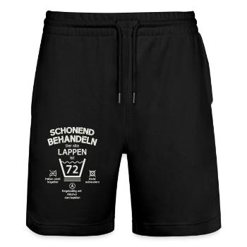 Der Alte Lappen, Schonend Behandeln 72. Geburtstag - Stanley/Stella Unisex Bio Joggingshorts Trainer  - Schwarz - Vorne - Nik (191cm) & Marisol (170cm)