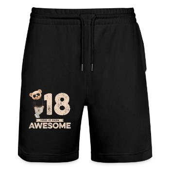 18 Years of being Awesome Teddy Bear - Stanley/Stella Trainer Unisex Organic Jogging Shorts - black - Front - Nik (191cm) & Marisol (170cm)