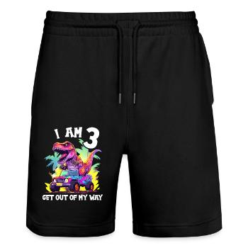 T-Rex fährt Monster Truck Ich bin 3. Geburtstag - Stanley/Stella Unisex Bio Joggingshorts Trainer  - Schwarz - Vorne - Nik (191cm) & Marisol (170cm)