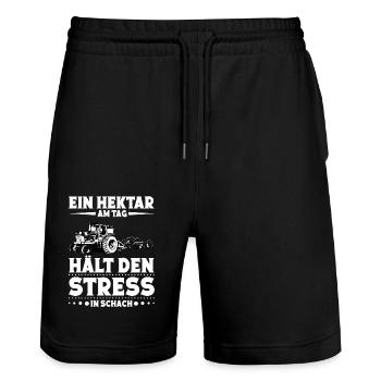 Hektar Landwirt Hühnerbauer Traktorfahrer - Stanley/Stella Unisex Bio Joggingshorts Trainer  - Schwarz - Vorne - Nik (191cm) & Marisol (170cm)