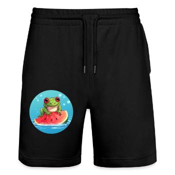 Frosch auf Wassermelone im Meer - Stanley/Stella Unisex Bio Joggingshorts Trainer  - Schwarz - Vorne - Nik (191cm) & Marisol (170cm)
