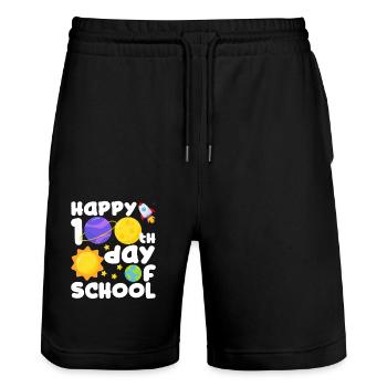 Happy 100th Day of School Space Planet Funny - Stanley/Stella Trainer Unisex Organic Jogging Shorts - black - Front - Nik (191cm) & Marisol (170cm)