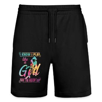 Field Hockey Watercolor I Know I - Stanley/Stella Unisex Bio Joggingshorts Trainer  - Schwarz - Vorne - Nik (191cm) & Marisol (170cm)