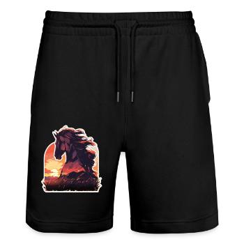 Pferde Sonnenuntergang Pferd Hengst Reiten - Stanley/Stella Unisex Bio Joggingshorts Trainer  - Schwarz - Vorne - Nik (191cm) & Marisol (170cm)
