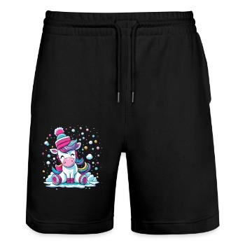 Frosty Unicorn - Magical Christmas in the Snow - Stanley/Stella Trainer Unisex Organic Jogging Shorts - black - Front - Nik (191cm) & Marisol (170cm)