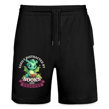 Easily Distracted By Books And Dragons: Drachen - Stanley/Stella Unisex Bio Joggingshorts Trainer  - Schwarz - Vorne - Nik (191cm) & Marisol (170cm)