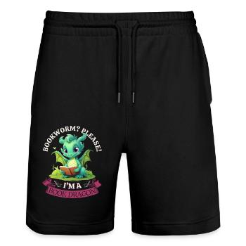 Bücherwurm: "Bookworm? Please! I'm A Book Dragon" - Stanley/Stella Unisex Bio Joggingshorts Trainer  - Schwarz - Vorne - Nik (191cm) & Marisol (170cm)