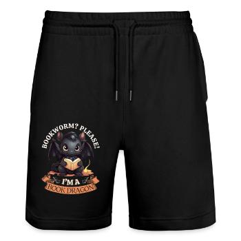 Bücherwurm: "Bookworm? Please! I'm A Book Dragon" - Stanley/Stella Unisex Bio Joggingshorts Trainer  - Schwarz - Vorne - Nik (191cm) & Marisol (170cm)