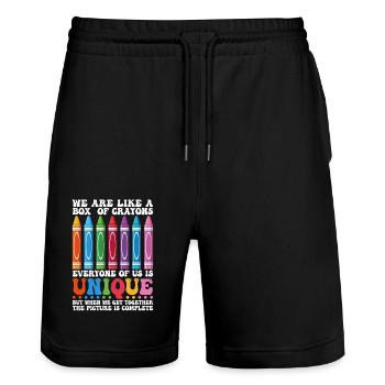 Wir sind wie eine Schachtel Buntstifte Lustiger - Stanley/Stella Unisex Bio Joggingshorts Trainer  - Schwarz - Vorne - Nik (191cm) & Marisol (170cm)