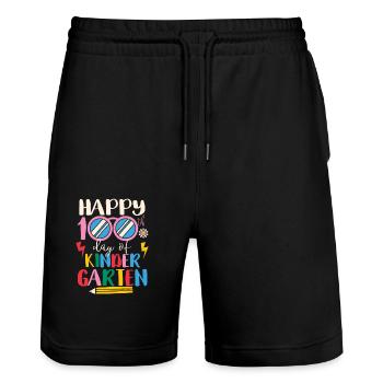 Happy 100th Day of Kindergarten Lustiger - Stanley/Stella Trainer Unisex Organic Jogging Shorts - black - Front - Nik (191cm) & Marisol (170cm)